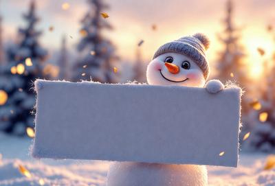 The primary subject of the image is a snowman, which is standing in the snow and smiling. The setting is a snowy environment, with trees in the background. The visual style is a digital art or illustration, creating a whimsical and playful atmosphere. The dominant colors are white and gray, representing the snow and the snowman's appearance.